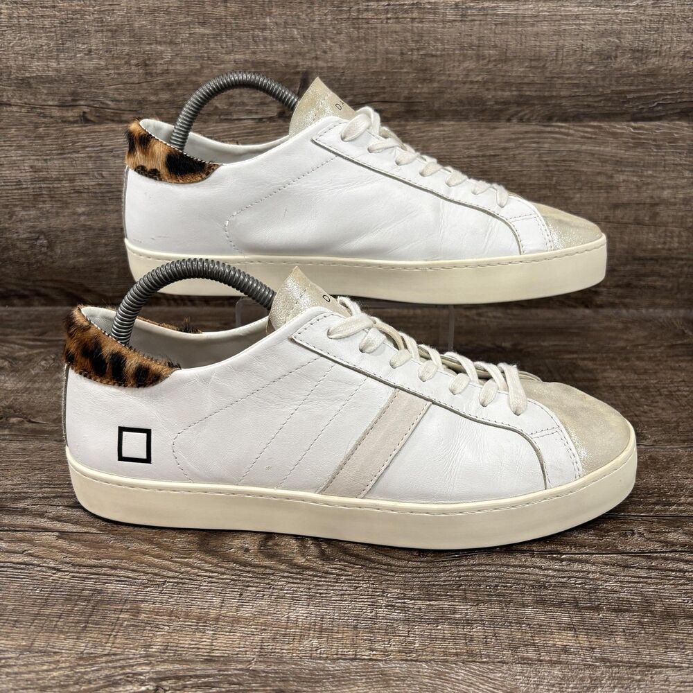 D.A.T.E. Hill Shoes Men's 8 White Leather Glitter Toe Animal Print Sneakers